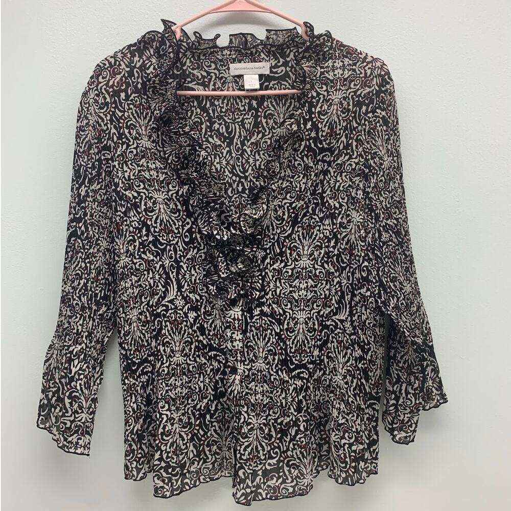 Christopher&Banks Women Large Button Up Blouse Sheer Ribbed Ruffle V-Neck Preppy